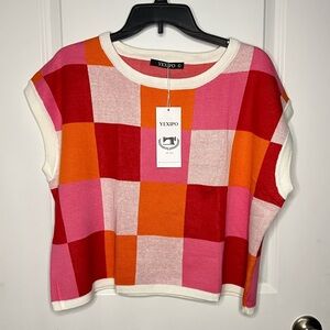 NWT Womens Knit Sleeve Crop Tops Checkered Crew Neck Sweatershirt Y2K Sweater